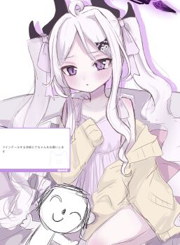 1boy 1girl absurdres ahoge alternate_costume alternate_hairstyle black_halo blue_archive blush breasts demon_girl demon_horns doodle_sensei_(blue_archive) halo highres hina_(blue_archive) horns kawa_poe kuromi long_hair looking_at_viewer purple_eyes sanrio sensei_(blue_archive) simple_background sitting small_breasts very_long_hair white_background white_hair