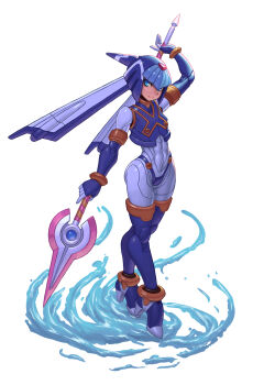 1girl android armor blue_armor blue_eyes blue_helmet boots crop_top fairy_leviathan_(mega_man) forehead_jewel full_body helmet highres holding holding_polearm holding_weapon mega_man_(series) mega_man_zero_(series) nonneim polearm robot_girl simple_background solo spear thighhighs water weapon white_background