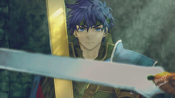 1boy 91007 blue_eyes blue_hair commentary_request fire_emblem fire_emblem:_path_of_radiance green_headband headband highres holding holding_weapon ike_(fire_emblem) looking_at_viewer male_focus nintendo short_hair weapon