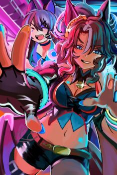 2girls animal_ears arms_up bangle bat_wings belt belt_buckle black_gloves black_hair blue_eyes bracelet breasts brown_hair buckle chest_tattoo cleavage closed_eyes daitaku_helios_(devil_in_the_moonlight)_(umamusume) daitaku_helios_(umamusume) demon_horns detached_collar fingerless_gloves gloves halloween highres horns horse_ears horse_girl horse_tail jewelry large_breasts looking_at_viewer mejiro_palmer_(devil_in_the_moonlight)_(umamusume) mejiro_palmer_(umamusume) midriff multicolored_hair multiple_girls nail_polish navel necklace parted_bangs ponytail reaching reaching_towards_viewer smile stomach_tattoo streaked_hair tail tattoo thigh_strap umamusume user_cuzx8834 wings