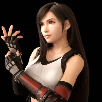 1girl 3d adjusting_clothes adjusting_gloves arm_guards bare_shoulders black_background black_hair bracelet breasts brown_eyes crop_top earrings elbow_gloves elbow_pads female_focus final_fantasy final_fantasy_vii final_fantasy_vii_remake fingerless_gloves gloves hair_over_breasts hair_over_one_breast jewelry long_hair looking_to_the_side medium_breasts official_art realistic sleeveless suspenders tank_top tifa_lockhart upper_body white_tank_top