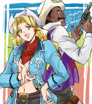 Rule 34 | 1boy, 1girl, absurdres, belt, black hair, blue jacket, breasts, brown belt, cowboy bebop, cowboy hat, dark-skinned male, dark skin, earrings, facial hair, gun, hat, heart, heart earrings, highres, jacket, jewelry, judy (cowboy bebop), medium breasts, mustache, punch (cowboy bebop), tobalin, weapon