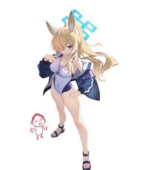 1boy 1girl absurdres animal_ears armpits blonde_hair blue_archive blue_eyes blue_halo blue_jacket breasts commentary_request covered_navel dog_ears doodle_sensei_(blue_archive) eyebrows_hidden_by_hair from_above full_body hair_between_eyes hair_over_one_eye halo highres jacket kanna_(blue_archive) kanna_(swimsuit)_(blue_archive) kyuuhyaku large_breasts light_blush long_hair looking_to_the_side one-piece_swimsuit open_mouth ponytail sandals sensei_(blue_archive) simple_background slit_pupils sweat swimsuit toes whistle whistle_around_neck white_background white_one-piece_swimsuit