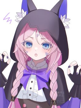 1girl :o animal_ear_hood black_capelet blue_eyes blush bow bowtie braid breasts capelet center_frills citlali_(genshin_impact) claw_pose commentary commentary_request english_commentary facial_mark fake_animal_ears fingernails forehead_mark frills genshin_impact hands_up highres hood hooded_capelet kino_(curry_pan) looking_at_viewer medium_breasts mixed-language_commentary nail_polish open_mouth partial_commentary pink_hair pink_pupils purple_bow purple_bowtie purple_nails shirt simple_background solo triangle triangle_facial_mark twin_braids upper_body white_background white_shirt