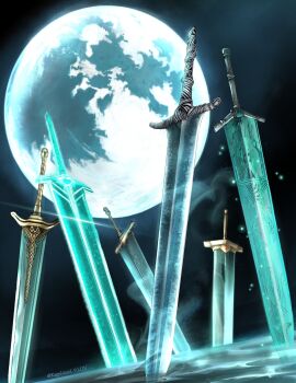 artist_name bloodborne dark_souls_(series) elden_ring full_moon glowing glowing_weapon highres kageisland_9lov light_particles moon moonlight_greatsword multiple_swords no_humans shine still_life weapon