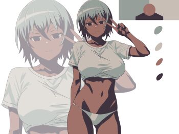 1girl absurdres blue_hair breasts closed_mouth color_guide commentary_request cowboy_shot crop_top dark-skinned_female dark_skin fang fang_out highres interview large_breasts limited_palette looking_at_viewer manatsu_no_yo_no_inmu navel original panties sakuraisine shirt short_hair simple_background smile solo t-shirt underwear v white_background white_panties white_shirt zoom_layer