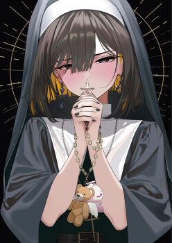1girl absurdres black_eyes black_nails black_veil blonde_hair blush brown_hair colored_inner_hair commentary_request cross cross_earrings earrings highres holding holding_cross holding_prayer_beads holding_rosary jewelry latin_cross long_sleeves looking_at_viewer multicolored_hair nun original own_hands_clasped own_hands_together rosary short_hair solo stuffed_toy turisasu upper_body veil