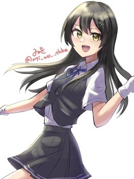 artist_name black_hair black_skirt black_vest blue_ribbon collared_shirt cowboy_shot dress_shirt gloves hair_ornament hairclip highres kantai_collection long_hair neck_ribbon one-hour_drawing_challenge open_mouth oyashio_(kancolle) oyashio_kai_ni_(kancolle) pleated_skirt ribbon shirt simple_background skirt smile twitter_username vest white_background white_gloves white_shirt wiwo yellow_eyes