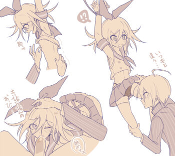 ! 2boys ? @_@ ahoge all_fours armband armpits arms_up bare_shoulders bikini bikini_under_clothes black_bikini blush bound bound_wrists bow bulge buttons clothed_sex clothes_lift collared_jacket commentary_request cosplay cropped_shirt crossdressing crossdressing_(mtf) cum cum_in_mouth danganronpa_(series) danganronpa_v3:_killing_harmony elbow_gloves expressionless fellatio from_side gloves hair_between_eyes hair_bow hand_on_another&#039;s_head hand_on_another&#039;s_hip heart high_collar highleg highleg_bikini holding_another&#039;s_leg jacket kantai_collection large_bow layered_sleeves light_frown long_eyelashes long_hair_between_eyes long_sleeves looking_at_penis male_focus microskirt midriff monochrome multiple_boys multiple_views navel neckerchief nipple_stimulation nipple_tweak oma_kokichi open_mouth oral orgasm penis pinstripe_jacket pinstripe_pattern pleated_skirt pointy_nose rope saihara_shuichi sailor_collar sailor_shirt sakura_(fein5862817) shimakaze_(kancolle) shimakaze_(kancolle)_(cosplay) shirt short_hair simple_background skirt skirt_lift sleeveless sleeveless_shirt speech_bubble spoken_exclamation_mark spoken_question_mark surprised suspension swimsuit thighhighs translation_request trap trembling white_background yaoi yellow_theme