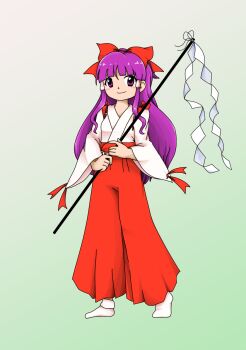 Rule 34 | 1girl, bow, commentary request, gohei, hair bow, hair tubes, hakama, hakurei reimu, hakurei reimu (pc-98), highres, holding, japanese clothes, kimono, komeiji kanade, long hair, long skirt, long sleeves, miko, purple eyes, purple hair, red bow, simple background, skirt, smile, solo, touhou, wide sleeves, zun (style)