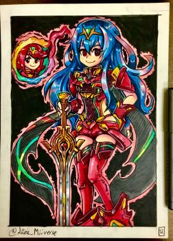 alternate_costume artist_name aura blue_hair corruption cosplay crossover dark_persona english_text falchion_(fire_emblem) fingerless_gloves fire_emblem fire_emblem_awakening gloves hal_laboratory hand_on_back highres holding holding_sword holding_weapon intelligent_systems long_hair lucina_(fire_emblem) mind_control monolith_soft nintendo official_alternate_eye_color possessed possession pyra_(xenoblade) pyra_(xenoblade)_(cosplay) red_eyes red_hair short_hair smile spirit spirit_(super_smash_bros.) stoic_seraphim super_smash_bros. sword tiara weapon xeno_(series) xenoblade_chronicles_(series) xenoblade_chronicles_2