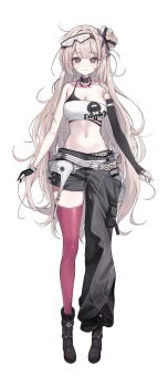 1girl asymmetrical_legwear bare_shoulders belt_collar black_boots black_gloves black_pants black_sleeves boots breasts character_request cleavage collar collarbone commentary_request commission crop_top earrings eyewear_on_head full_body glasses gloves gradient_eyes grey_eyes grey_hair hair_bun highres jewelry korean_commentary large_breasts long_hair multicolored_eyes original pants partially_fingerless_gloves pink_eyes pink_thighhighs pipi_ya safety_glasses second-party_source simple_background single_earring single_glove single_sleeve single_strap single_thighhigh solo standing strapless thighhighs tube_top white_background white_tube_top