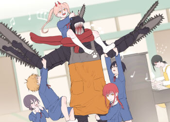 +_+ 3boys 4girls apron black_choker black_eyes black_hair blonde_hair blue_shirt braid braided_ponytail brown_eyes chainsaw chainsaw_devil chainsaw_man choker collared_shirt cross-shaped_pupils demon demon_boy demon_girl demon_horns denji_(chainsaw_man) extra_arms green_eyes hair_between_eyes hair_bun hair_ornament hairclip hayakawa_aki higashiyama_kobeni highres horns instrument kindergarten kindergarten_uniform kotochi_re long_hair long_sleeves makima_(chainsaw_man) medium_hair mole mole_under_eye multiple_boys multiple_girls open_mouth piano pink_hair ponytail power_(chainsaw_man) red_hair red_horns red_ribbon reze_(chainsaw_man) ribbon ringed_eyes sharp_teeth shirt short_hair short_ponytail single_hair_bun sitting symbol-shaped_pupils teeth twintails upright_piano yellow_eyes