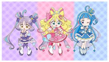 3girls aokaze_nana aqua_eyes artist_name back_bow bare_shoulders beads blonde_hair blue_background blue_boots blue_bow blue_bowtie blue_bridal_gauntlets blue_collar blue_dress blue_gemstone blue_hair blue_sleeves blunt_bangs boots border bow bow-shaped_hair bow_legwear bowtie bracelet bridal_gauntlets brooch buttons chibi clenched_hands closed_mouth collar colorful_background commentary_request cropped_shirt cure_idol cure_kyunkyun cure_wink detached_collar detached_sleeves diamond_hair_ornament dot_nose double_bun dress dress_bow earrings eyelashes frilled_bridal_gauntlets frilled_skirt frills gem hair_beads hair_between_eyes hair_bun hair_intakes hair_ornament hair_ribbon hand_jewel hand_on_own_hip happy headphones headset heart heart-shaped_hair heart_brooch heart_earrings heart_hair_ornament heart_print highres jewelry kimi_to_idol_precure knee_boots large_bow layered_skirt long_hair looking_at_viewer magical_girl meru_(mer_milky77) midriff miniskirt multicolored_hair multiple_earrings multiple_girls navel one_eye_closed one_side_up outline outstretched_hand palm_tree pink_background pink_bow pink_bowtie pink_bridal_gauntlets pink_ribbon pink_shirt pink_skirt plaid_background plaid_clothes plaid_dress plaid_ribbon plaid_skirt plaid_sleeves pleated_dress pleated_skirt pleated_sleeves precure puffy_short_sleeves puffy_sleeves purple_background purple_bow purple_bridal_gauntlets purple_eyes purple_hair ribbon sakura_uta_(precure) shigure_kokoro shirt short_dress short_sleeves single_side_bun skirt sleeveless sleeveless_shirt sphere_earrings standing strapless strapless_dress streaked_hair tareme thigh_boots tree twintails unmoving_pattern very_long_hair watermark watermark_grid white_boots white_bow white_outline white_sleeves yellow_eyes