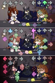 Rule 34 | > <, 5girls, ^ ^, absurdres, agnes tachyon (umamusume), ahoge, animal ears, arrow (symbol), black hair, brown hair, chibi, chibi only, clenched teeth, closed eyes, closed mouth, coat, commentary request, couch, dantsu flame (umamusume), faceless, faceless female, friday night funkin', friday night funkin' (style), gameplay mechanics, grin, hair between eyes, hand in pocket, highres, holding, holding microphone, horse ears, horse girl, horse tail, indoors, jungle pocket (umamusume), long hair between eyes, long sleeves, looking at another, manhattan cafe (umamusume), microphone, multicolored hair, multiple girls, necktie, no pupils, okubomasau, on couch, open mouth, original, parody, partially shaded face, personification, pocket, real life, red eyes, sharp teeth, shoes, sitting, smile, standing, style parody, sunday silence (racehorse), tail, teeth, two-tone hair, umamusume, uneven eyes, user interface, v-shaped eyebrows, wide-eyed, yellow eyes