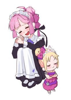 Rule 34 | 2girls, = =, absurdres, ahoge, anyoji hime, apron, black dress, black ribbon, black shoes, blonde hair, blunt sidelocks, bow, chibi, cho toutoi love, closed eyes, commentary, crossed arms, dress, fang, fang out, frilled apron, frills, full body, hair bow, hair bun, hair ribbon, heart, heart in mouth, highres, juliet sleeves, link! like! love live!, long hair, long sleeves, love live!, maid, maid apron, maid headdress, master and servant, multi-tied hair, multiple girls, open mouth, osawa rurino, osawa rurino (yuukyuu no butoukai), own hands together, parted bangs, pink bow, pink hair, ponytail, princess, puffy sleeves, purple dress, raised inner eyebrows, ribbon, shoes, short hair, sidelocks, simple background, single-shoulder dress, single side bun, smile, squatting, sunkeun, tiara, v-shaped eyebrows, virtual youtuber, white apron, white background, white shoes