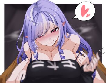 2girls ^^^ ahoge alternate_costume bare_shoulders belle_(zenless_zone_zero) black_shirt blurry blurry_foreground blush border breasts closed_mouth collarbone commentary_request drill_hair drill_sidelocks ear_blush girl_on_top half-closed_eyes head_tilt heart highres large_breasts long_hair looking_at_viewer multiple_girls pointy_ears pov pov_breasts pulling_own_clothes purple_hair purple_nails red_eyes shirt sidelocks smile spoken_heart steam under_covers vivian_banshee white_border yuri yuura_(yuura_ephyra) zenless_zone_zero