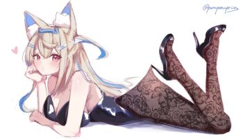 1girl animal_ears black_leotard blonde_hair blue_hair breasts brown_pantyhose cleavage commentary dog_ears dog_girl english_commentary full_body fuwawa_abyssgard hashtag-only_commentary high_heels hololive hololive_english lace_pantyhose_hooked_on_heel_(meme) legs_up leotard looking_at_viewer multicolored_hair pantyhose pink_eyes poruporupriiin simple_background solo strapless strapless_leotard streaked_hair two-tone_hair virtual_youtuber white_background