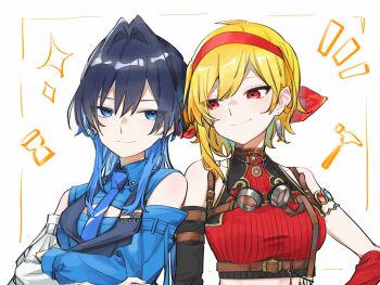 2girls absurdres asymmetrical_hair asymmetrical_sleeves blonde_hair blue_necktie blue_shirt blue_sleeves chain chain_earrings coat coat_on_shoulders colored_inner_hair crop_top cropped_sweater goggles hairband highres hololive hololive_english hololive_indonesia jellyfish_cut kaela_kovalskia kaela_kovalskia_(4th_costume) looking_at_another medium_hair mismatched_sleeves multicolored_hair multiple_girls necktie official_alternate_costume official_alternate_hairstyle ouro_kronii ouro_kronii_(4th_costume) red-tinted_eyewear red_hairband red_sweater ribbon_bar shirt sleeveless sleeveless_shirt sleeveless_sweater smile sweater tinted_eyewear two-sided_coat two-sided_fabric virtual_youtuber white_background yori_171018