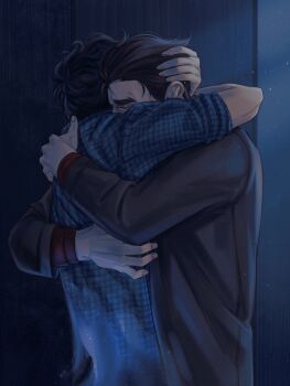 2boys absurdres anthony_stellar black_hair black_jacket blue_shirt brown_hair closed_eyes comforting darkarasss elijah_douchnov fingernails ghost hand_on_another's_head highres hug jacket long_sleeves male_focus multiple_boys my_student_spirit night plaid_clothes plaid_shirt red_shirt shirt short_hair thick_eyebrows upper_body yaoi