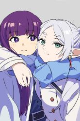 Rule 34 | 2girls, blue scarf, coat, earrings, elf, fern (sousou no frieren), frieren, green eyes, hacheukoi, hug, jewelry, long hair, looking at another, looking at viewer, multiple girls, pointy ears, purple eyes, purple hair, scarf, simple background, sousou no frieren, white background, white coat, white hair, winter clothes