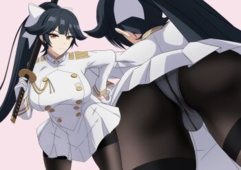 1girl ass azur_lane black_hair black_pantyhose bow breasts brown_eyes gloves hair_bow holding holding_sword holding_weapon katana large_breasts long_hair makiri_akira military military_uniform mtu_virus multiple_views panties panties_under_pantyhose pantyhose ponytail sword takao_(azur_lane) underwear weapon white_bow white_gloves white_panties