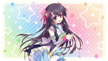 1girl black_hair blue_background blue_dress bow breasts brooch detached_sleeves dot_nose dress film_grain game_cg gradient_background green_background green_bow grey_sleeves hair_ornament ichikishima_mizuha izumi_tsubasu jewelry long_hair looking_at_viewer medium_breasts non-web_source official_art open_mouth own_hands_together pink_scrunchie print_scrunchie purple_background purple_eyes re:stage! scrunchie smile solo star_(symbol) star_brooch star_print star_symbol_background straight_hair