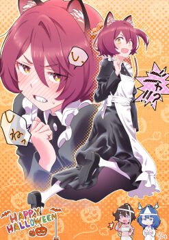 Rule 34 | 10ttruck, 3girls, alternate costume, animal ears, apron, black dress, black shoes, blush, cat ears, chibi, commentary request, dress, enmaided, fang, frilled apron, frills, full body, halloween, highres, komari chika, long sleeves, maid, maid apron, make heroine ga oo sugiru!, multiple girls, multiple views, red hair, revision, shoes, short hair, speech bubble, translation request, white apron, yakishio lemon, yanami anna, yellow eyes