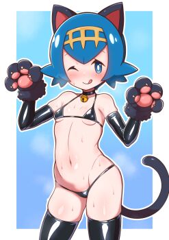 1girl :q animal_ears animal_hands bare_shoulders bell bikini black_bikini black_choker black_gloves black_thighhighs blue_background blue_eyes blue_hair blush border breasts bright_pupils cat_ears cat_paws cat_tail choker commentary contrapposto cowboy_shot elbow_gloves fake_animal_ears gloves gradient_background hands_up highres lana_(pokemon) legs_apart loli looking_at_viewer micro_bikini navel neck_bell nintendo no_sclera outline outside_border paw_gloves pokemon pokemon_sm shiny_clothes short_hair siglk skindentation small_breasts smile solo standing steam straight_hair sweat swimsuit tail thighhighs tongue tongue_out white_border white_outline white_pupils