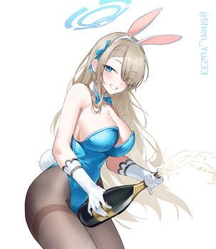 1girl absurdres animal_ears asuna_(blue_archive) asuna_(bunny)_(blue_archive) bare_shoulders blue_archive blue_bow blue_bowtie blue_eyes blue_halo blue_leotard bottle bow bowtie breasts brown_hair brown_pantyhose champagne_bottle commentary cork_popping cowboy_shot detached_collar eyes_visible_through_hair fake_animal_ears gloves halo highres holding holding_bottle large_breasts leotard looking_at_viewer looking_to_the_side mole mole_on_breast official_alternate_costume pantyhose playboy_bunny rabbit_ears shinba233 simple_background smile solo strapless strapless_leotard traditional_bowtie twitter_username white_background white_gloves