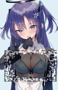 200f_(nifu) absurdres anger_vein between_breasts blue_archive blue_background blue_bra blue_hair blush bra breasts brush gloves hair_ornament halo highres id_card long_hair medium_breasts open_clothes open_shirt school_uniform shirt simple_background solo twintails underwear white_shirt yuuka_(blue_archive)
