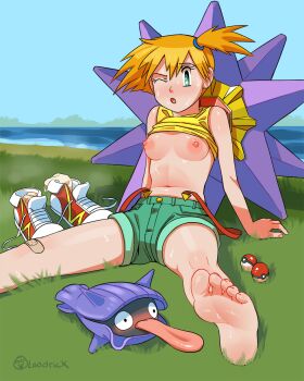1girl artist_name bandaid barefoot blush breasts clothes_lift commentary denim denim_shorts feet foot_focus gen_1_pokemon grass highres loodrick midriff misty_(pokemon) nintendo nipples on_grass one_eye_closed orange_hair poke_ball pokemon pokemon_(anime) pokemon_(classic_anime) pokemon_(creature) shellder shiny_skin shirt_lift shoes shorts sitting smell socks starmie sweat thighs unworn_shoes unworn_socks very_sweaty