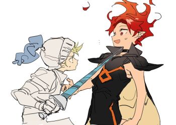 2boys armor bad_id bad_twitter_id blonde_hair cape choker colored_skin cookie_run fiery_hair fire_spirit_cookie holding holding_polearm holding_weapon humanization inactive_account knight knight_cookie lance male_focus multiple_boys nana_(ebitokanimiso) open_mouth orange_skin painttool_sai_(medium) pointy_ears polearm profile red_eyes short_hair simple_background sketch sweatdrop upper_body weapon white_background
