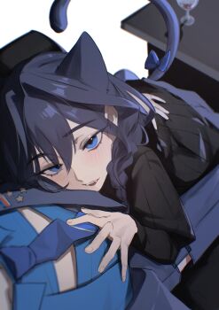 1girl absurdres animal_ears black_dress blue_eyes blue_hair blue_necktie blue_ribbon blue_shirt blush bow braid cat_ears cat_girl cat_tail dress dual_persona fangs from_above hand_on_another&#039;s_chest highres hololive hunk_404 juliet_sleeves kemonomimi_mode long_sleeves looking_at_viewer looking_up low_twin_braids necktie official_alternate_costume official_alternate_hairstyle open_mouth ouro_kronii ouro_kronii_(4th_costume) ouro_kronii_(maid) pov puffy_sleeves ribbon selfcest shirt tail tail_bow tail_ornament tail_ribbon twin_braids virtual_youtuber yuri