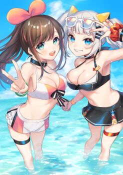 Rule 34 | 2girls, :d, absurdres, adapted costume, aqua eyes, armpits, bare arms, bare shoulders, bikini, bikini skirt, black bikini, black choker, blue eyes, blue nails, blue sky, breasts, brown hair, choker, cleavage, cloud, collarbone, d-pad, d-pad hair ornament, day, eyewear on head, fisheye, grin, hair ornament, hairclip, halterneck, heart, highres, holding hands, interlocked fingers, kaguya luna, kizuna ai, kizuna ai (1st costume), kizuna ai inc., long hair, looking at viewer, medium breasts, multicolored hair, multicolored nails, multiple girls, nail polish, navel, open mouth, pink hair, pink nails, ponytail, scrunchie, sidelocks, silver hair, skindentation, sky, smile, standing, stomach, streaked hair, sunglasses, swimsuit, the moon studio, thigh strap, thighs, twintails, usuke (u skeeep), virtual youtuber, w, wading, water, white-framed eyewear, white bikini, wrist scrunchie, wristband