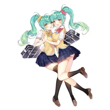 Rule 34 | 2girls, alternate costume, alternate hair ornament, artist request, black bag, black thighhighs, blue skirt, blush, bow, bowtie, breasts, brown footwear, collared shirt, eggy (final gear), final gear, full body, green eyebrows, green hair, hair ornament, hair scrunchie, hand on another's hip, high ponytail, highres, holding hands, horizontal-striped sleeves, horizontal-striped socks, horizontal-striped thighhighs, kneehighs, loafers, lone nape hair, multiple girls, official alternate costume, official art, open mouth, panties, peggy (final gear), petticoat, plaid bow, plaid bowtie, plaid clothes, pleated skirt, ponytail, red bow, red bowtie, school uniform, scrunchie, shirt, shoes, siblings, side ponytail, side slit, sidelocks, simple background, single horizontal stripe, sisters, skirt, slip showing, socks, striped sweater vest, sweater vest, tachi-e, teeth, thighhighs, third-party source, tongue, transparent background, twins, undershirt, underwear, upper teeth only, white panties, white shirt, white sleeves, yellow bow, yellow bowtie, yellow eyes, yellow sweater vest