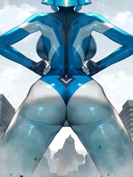 1girl altina_earth ass backboob blue_bodysuit blue_hair blue_skin bodysuit breasts building city cloud cloudy_sky colored_skin covered_pussy dust giant giantess green_hair hands_on_own_hips highres kaiju large_breasts light_particles monster nikunopengin original sharp_teeth skin_tight sky teeth tokusatsu ultra_series white_skin