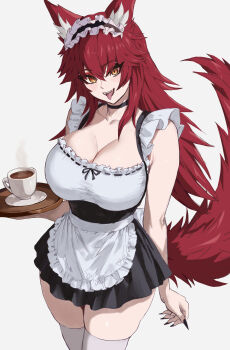 1girl absurdres alternate_costume animal_ears apron black_choker black_dress black_nails breasts choker cleavage coffee coffee_mug commentary cup dress english_commentary highres holding holding_tray indie_virtual_youtuber large_breasts long_hair looking_at_viewer maid maid_apron maid_headdress meibin mug nail_polish open_mouth red_hair smile solo tail thighhighs tongue tongue_out tray virtual_youtuber white_apron white_headdress white_thighhighs wolf_ears wolf_girl wolf_tail yellow_eyes zentreya