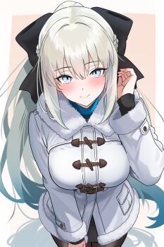 Rule 34 | 1girl, absurdres, bamboo tac, black bow, black skirt, blue eyes, blush, bow, braid, breasts, brown pantyhose, commentary request, fate/grand order, fate (series), fur-trimmed jacket, fur trim, grey hair, hair bow, highres, jacket, large breasts, long hair, long sleeves, looking at viewer, miniskirt, morgan le fay (fate), pantyhose, ponytail, sidelocks, skirt, smile, solo, textless version, very long hair, white jacket