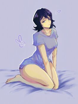 1girl black_hair bleach blue_eyes breasts closed_mouth collarbone female_focus highres kuchiki_rukia medium_hair shirt simple_background sitting small_breasts thighs veeepawoon