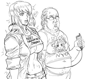 1boy 1girl android areola_slip bad_id bb_(baalbuddy) big_belly breasts cable closed_mouth comic controller covered_erect_nipples dejiko di_gi_charat drooling english_text fat fat_man ghost_in_the_shell glasses greyscale hacker heart heart-shaped_pupils highres holding inactive_account jacket kusanagi_motoko large_breasts lips mind_control moaning monochrome navel opaque_glasses open_clothes open_jacket otaku panty_straps remote_control remote_control_vibrator saliva sex_toy short_hair short_shorts shorts simple_background speech_bubble spoken_heart standing sweat symbol-shaped_pupils tsurime ugly_bastard underboob vibrator white_background you_gonna_get_raped
