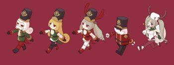 Rule 34 | 1girl, ;d, absurdres, black hat, blonde hair, breasts, cleavage, cleavage cutout, clothing cutout, commentary, english commentary, facial hair, fake antlers, fur hat, green scarf, grey hair, hat, highres, holding, holding sack, horned hat, huild, laru (snowish) (stella sora), laru (stella sora), long hair, looking at viewer, marching, mustache, one eye closed, open mouth, pantyhose, papakha, purple eyes, red background, red pantyhose, sack, scarf, sidelocks, simple background, smile, star (symbol), stella sora, toy soldier, twintails, white hair, white hat, wink star