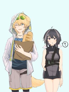 Rule 34 | 1boy, 1girl, ?, animal ears, arknights, arm behind back, bag, bird girl, black dress, black hair, black shorts, blonde hair, blue background, blue eyes, blue vest, blush, bread, brother and sister, brother and step-sister, chinese commentary, collarbone, commentary request, dog boy, dog ears, dog tags, dog tail, dress, eyewear on head, feather hair, food, green-tinted eyewear, grey shorts, grocery bag, hair between eyes, hair ornament, hairclip, hand in pocket, hand up, highres, holding, holding bag, hood, hood up, hooded jacket, jacket, jewelry, la pluma (arknights), linyinxiadexijingzi, looking at viewer, messy hair, multiple necklaces, necklace, one eye closed, open clothes, open jacket, open mouth, pocket, ribbon, shopping bag, shorts, siblings, sidelocks, sleeveless, sleeveless dress, spoken question mark, standing, step-brother and step-sister, step-siblings, sunglasses, sweat, sweatdrop, tail, tequila (arknights), thigh strap, tied hoodie strings, tinted eyewear, turtleneck, vest, white ribbon