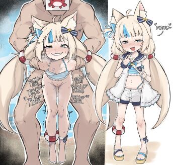 1boy 1girl age_difference ahoge animal_ears beach bikini blonde_hair blue_eyes blue_hair blush bottomless bow breath cat_ears collarbone grin heart heart-shaped_pupils highres indie_virtual_youtuber kaniki_(sameko_saba) loli long_hair midriff motion_lines multicolored_hair multiple_views nail_polish navel nude outdoors plap sameko_saba sex shorts size_difference smile sound_effects stomach_bulge streaked_hair sweat swimsuit symbol-shaped_pupils tagme twintails vaginal virtual_youtuber zlix0n