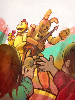 Rule 34 | 1girl, 3boys, animal ears, animal nose, animatronic, bear ears, black bow, black bowtie, bow, bowtie, commentary request, electric guitar, five nights at freddy's, fredbear (fnaf), guitar, hat, highres, holding, holding guitar, holding instrument, holding microphone, holding stuffed toy, instrument, kawarayane, leaning forward, microphone, multiple boys, rabbit ears, snout, spring bonnie (fnaf), standing, stuffed animal, stuffed toy, top hat, waving