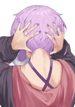 1girl arms_behind_head black_hoodie commentary criss-cross_halter from_behind hair_ornament halterneck hands_up highres hood hood_down hoodie long_sleeves nail_polish nape pocche-ex purple_hair purple_nails short_hair_with_long_locks simple_background solo upper_body vocaloid voiceroid white_background yuzuki_yukari