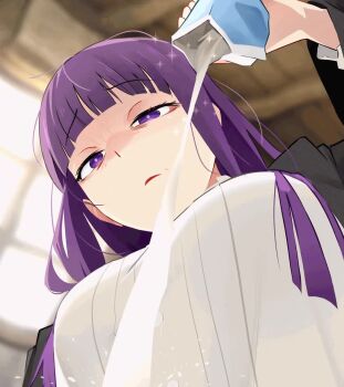 1girl animated bags_under_eyes black_coat blunt_bangs blurry blurry_background breasts coat dress drink_carton fern_(sousou_no_frieren) from_below highres khyle. large_breasts long_hair looping_animation milk milk_carton pouring purple_eyes purple_hair sousou_no_frieren tagme video white_dress