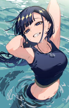 1girl arms_behind_head asymmetrical_bangs black_hair black_shirt blue_eyes commentary ear_piercing grin half-closed_eyes highres jewelry long_hair medalist_(manga) midriff navel necklace okazaki_iruka piercing shin_toro shirt sleeveless sleeveless_shirt smile solo wading water wet