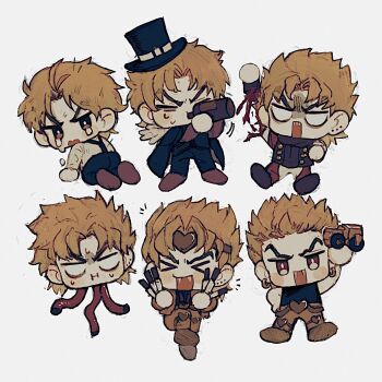 Rule 34 | > <, 1boy, arm up, blonde hair, blood, bottle, chibi, chibi only, commentary request, crying, dio brando, disembodied head, drinking, fangs, highres, holding, holding knife, jojo no kimyou na bouken, knife, male focus, multiple views, neg 50asu, phantom blood, severed limb, sharp teeth, shirt, stardust crusaders, tears, teeth, white shirt, wine bottle