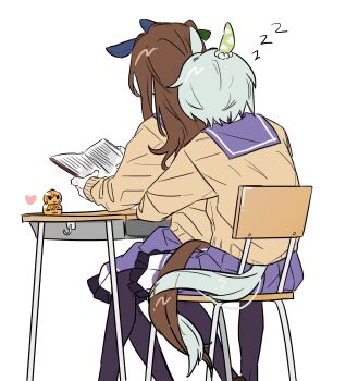 2girls animal_ears aqua_hair aqua_tail arms_around_waist back book brown_hair brown_tail chair character_doll desk doll ear_covers ear_ornament ears_down from_behind front-to-back heart highres holding holding_book hook horse_ears horse_girl horse_tail hug hug_from_behind intertwined_tails king_halo_(umamusume) long_hair long_sleeves multiple_girls on_chair pleated_skirt protected_link purple_sailor_collar purple_skirt reading sailor_collar school_chair school_desk school_uniform seiun_sky_(umamusume) short_hair simple_background single_ear_cover sitting sitting_between_lap skirt sleeping sweater tail thighhighs tracen_school_uniform umamusume unseuking0427 white_background winter_uniform yuri zzz